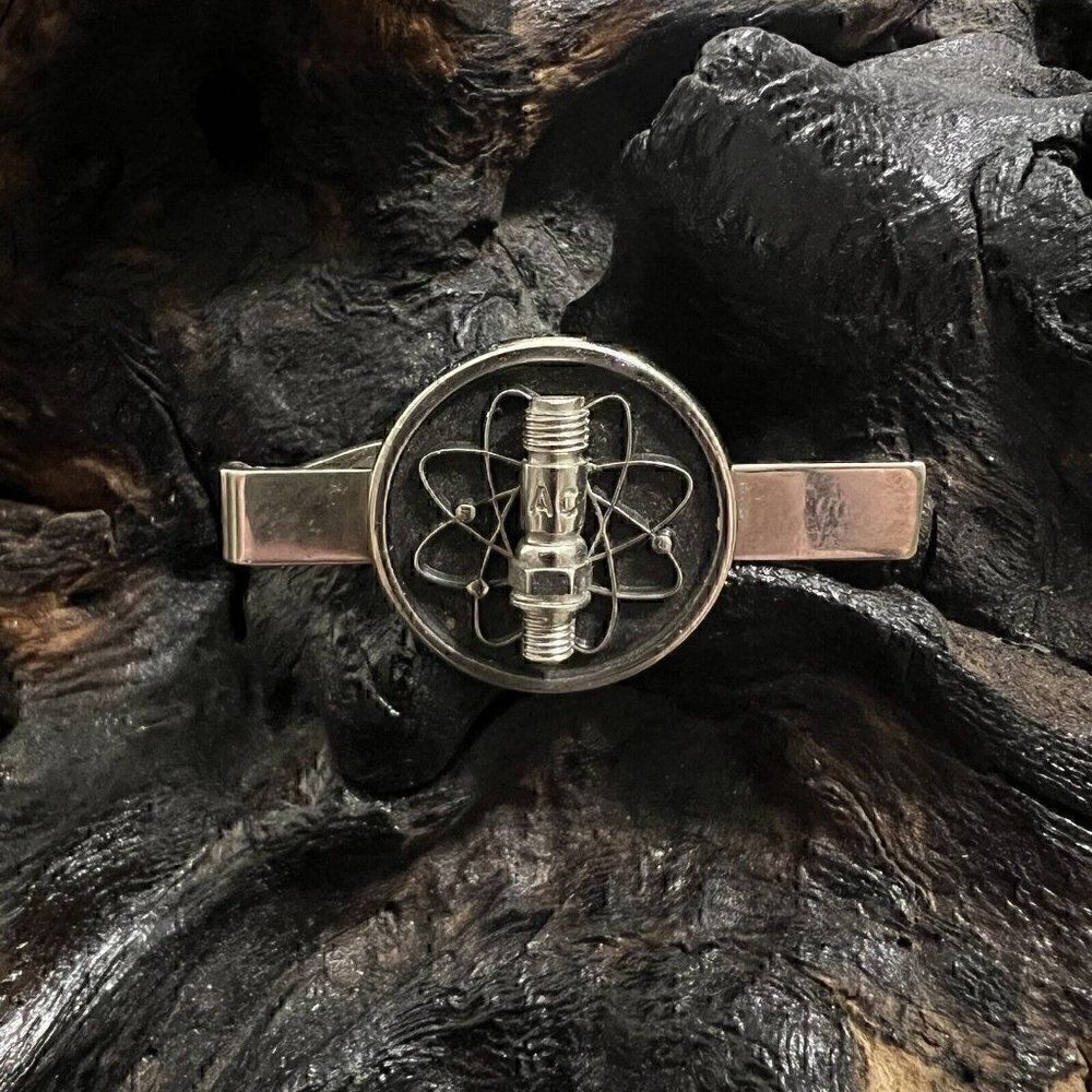Vintage AC Spark Plug Tie Clasp Advertising Atoms Silver Tone Mid Century